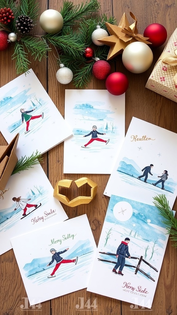A variety of Christmas cards with ice skating designs on a wooden table with holiday decorations.
